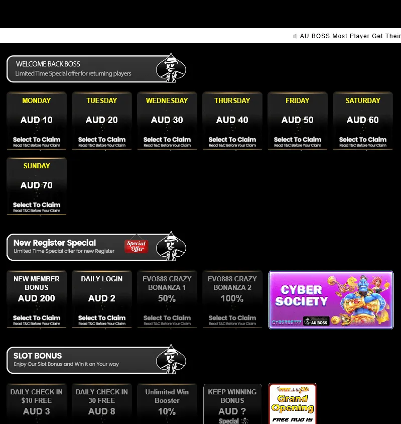AU Boss Casino desktop promotions interface with casino offers
