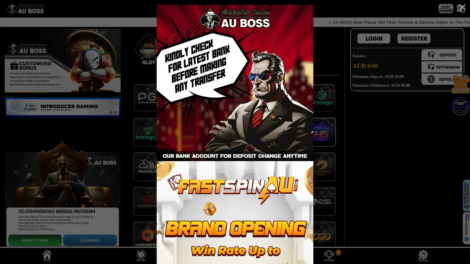 AU Boss Casino desktop home interface for Australian players