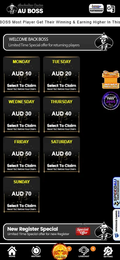 AU Boss Casino mobile promotions interface with available offers